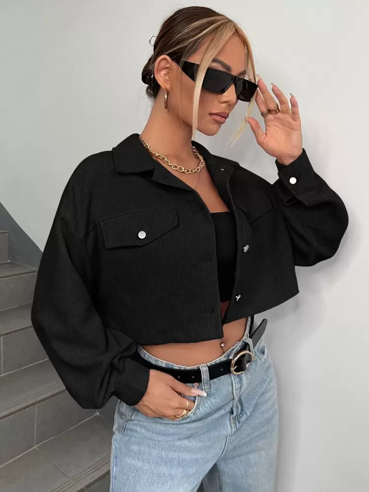 SHEIN EZwear Spring Outfits Drop Shoulder Flap Detail Crop Corduroy Jacket In Fall/Winter - Black - View 5