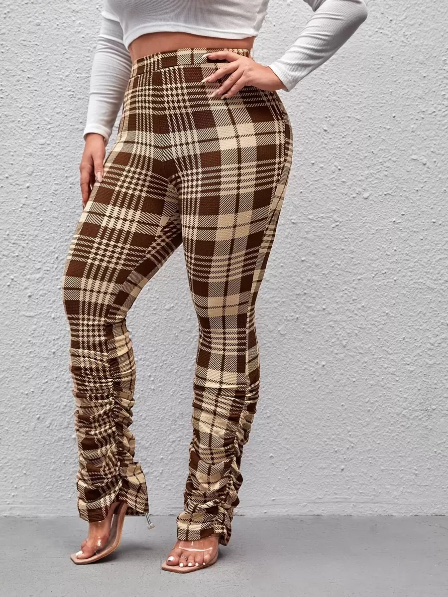 SHEIN SXY Plus Plaid Stacked Trousers - Coffee Brown - View 1