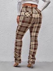 SHEIN SXY Plus Plaid Stacked Trousers - Coffee Brown - View 2