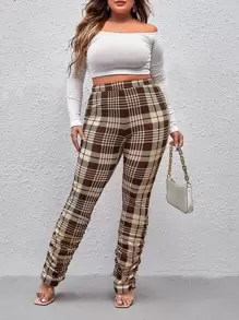 SHEIN SXY Plus Plaid Stacked Trousers - Coffee Brown - View 3