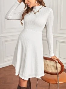 SHEIN Maternity Cable Knit Stand Neck Dress - White - View 1