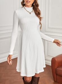 SHEIN Maternity Cable Knit Stand Neck Dress - White - View 5