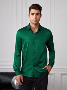 Manfinity Men Button Front Satin Shirt - Dark Green - View 5