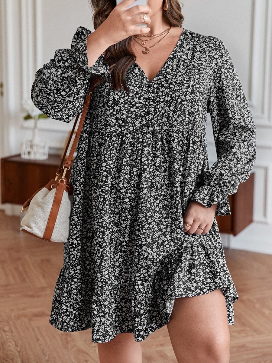 SHEIN Frenchy 大碼碎花荷葉袖荷葉邊連衣裙 - 黑與白 - 查看 1