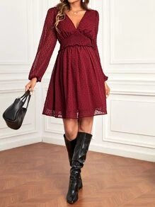 SHEIN 孕婦圓點燈籠袖褶邊洋裝 - 酒紅色 - 查看 3