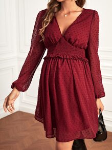 SHEIN 孕婦圓點燈籠袖褶邊洋裝 - 酒紅色 - 查看 4