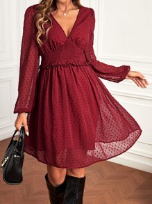 SHEIN 孕婦圓點燈籠袖褶邊洋裝 - 酒紅色 - 查看 5