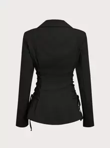 SHEIN EZwear 秋冬女士日常纯色系带西装外套 - 黑色 - 查看 2