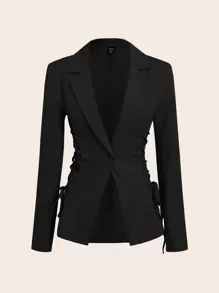SHEIN EZwear 秋冬女士日常纯色系带西装外套 - 黑色 - 查看 3