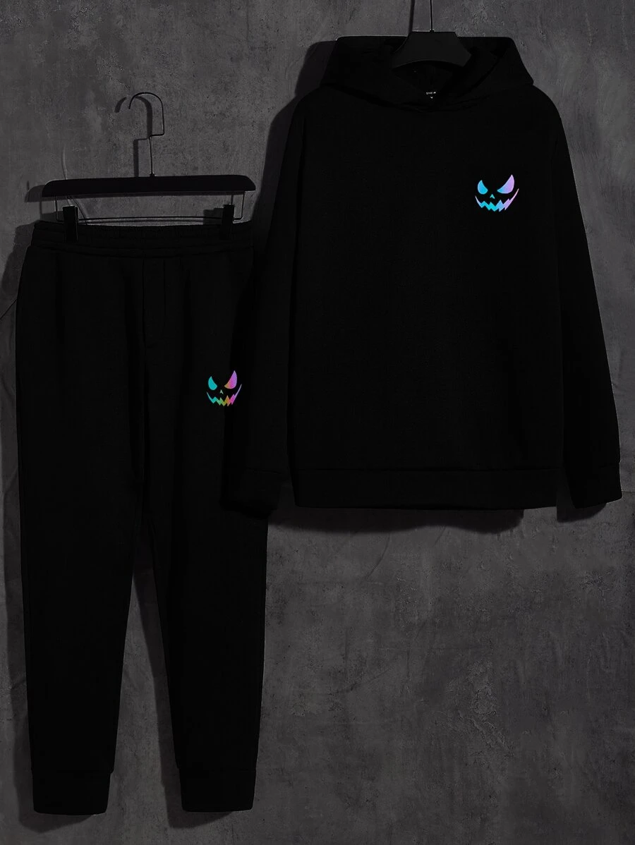 GENTILAND Men Reflective Cartoon Face Print Hoodie & Joggers - Black - View 1