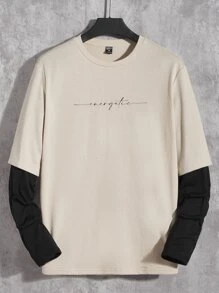 Manfinity RebelGame Men T-Shirts Fit Crew Neck Drop Shoulder Long Sleeve Slogan Tee Casual Back To School Clothes Summer Polyester - Khaki - View 1