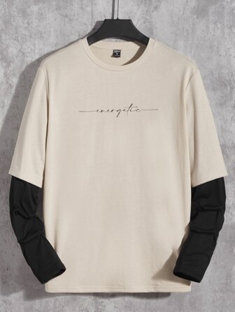 Manfinity RebelGame Camisetas de manga larga de hombre con cuello redondo ajustado, hombros caídos, lema casual, ropa de vuelta a la escuela de verano de poliéster