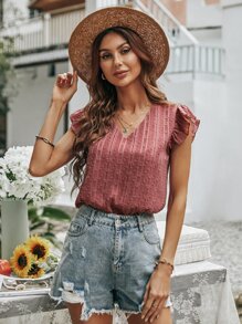 SHEIN Unity Swiss Dot Butterfly Sleeve Blouse - Redwood - View 1