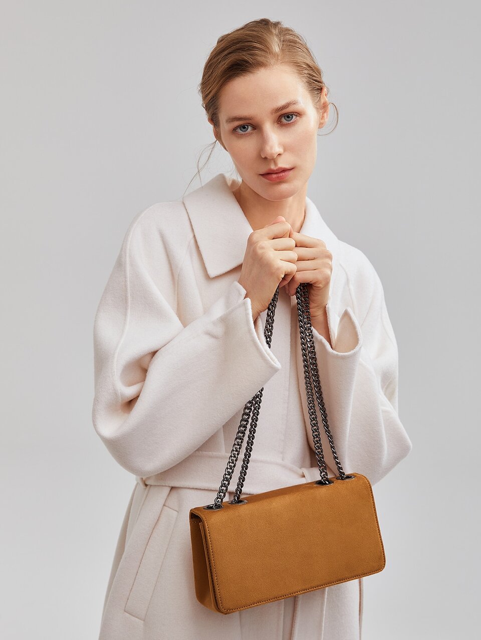 FAUX SUEDE CHAIN FLAP SQUARE BAG