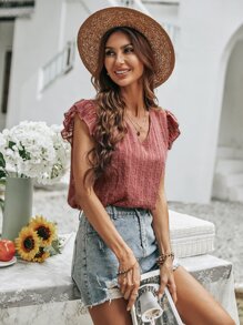 SHEIN Unity Swiss Dot Butterfly Sleeve Blouse - Redwood - View 3