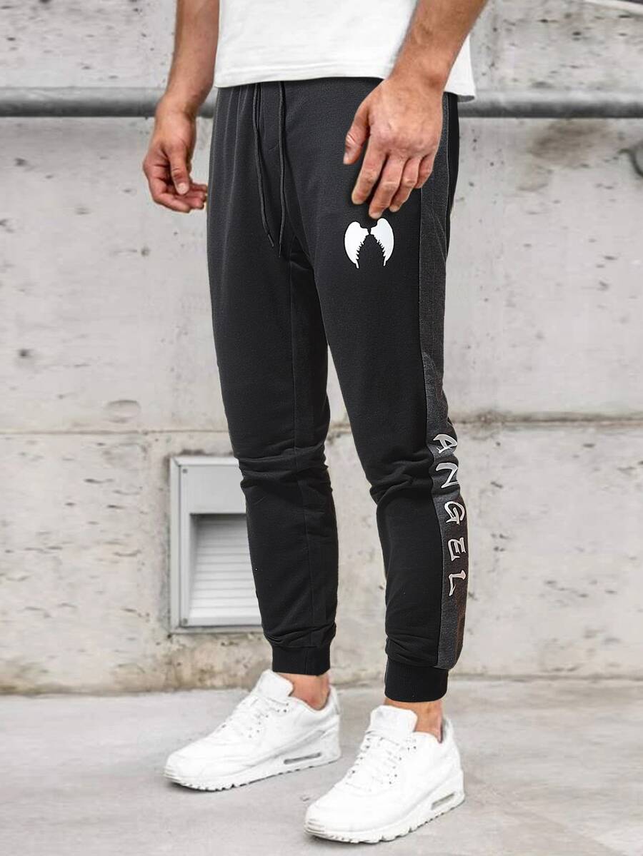 Manfinity Men Letter Graphic Contrast Sideseam Drawstring Waist Joggers - Black - View 1