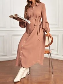 SHEIN 孕婦燈籠袖腰帶襯衫洋裝