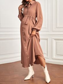 SHEIN 孕婦燈籠袖腰帶襯衫洋裝