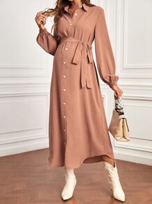 SHEIN 孕婦燈籠袖腰帶襯衫洋裝