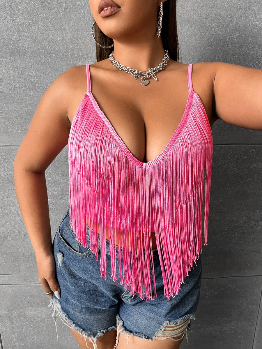SHEIN SXY Plus Fringe Trim Crop Cami Top - Pink - View 1