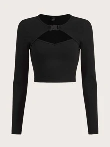 SHEIN EZwear Buckle Detail Cut Out Front Crop Tee - Black - View 1