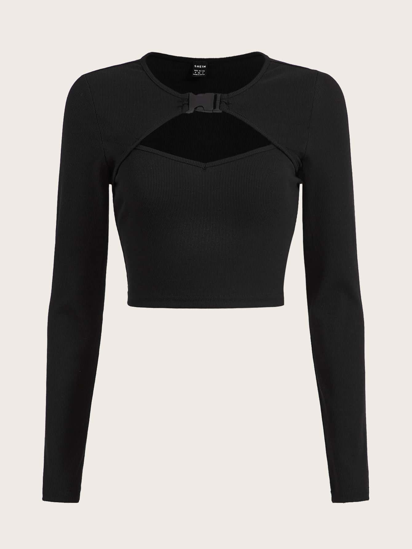 SHEIN EZwear Buckle Detail Cut Out Front Crop Tee - Black - View 1