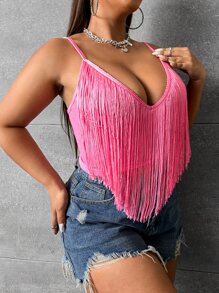 SHEIN SXY Plus Fringe Trim Crop Cami Top - Pink - View 5