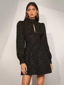 BizChic Jacquard Keyhole Neck Lantern Sleeve Dress