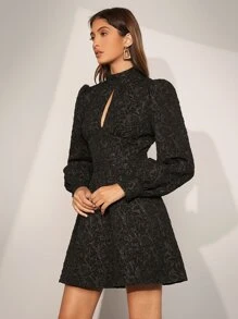 BizChic Jacquard Keyhole Neck Lantern Sleeve Dress