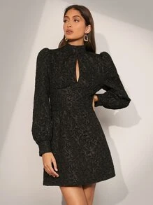 BizChic Jacquard Keyhole Neck Lantern Sleeve Dress