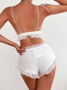 Conjunto de lencería con sujetador de nudo delantero y panty corto con ribete de volantes - Blanco - Ver 2