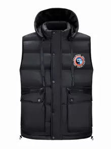 男士補丁細節翻蓋口袋抽繩連帽羽絨背心大衣 - 黑色 - 查看 1