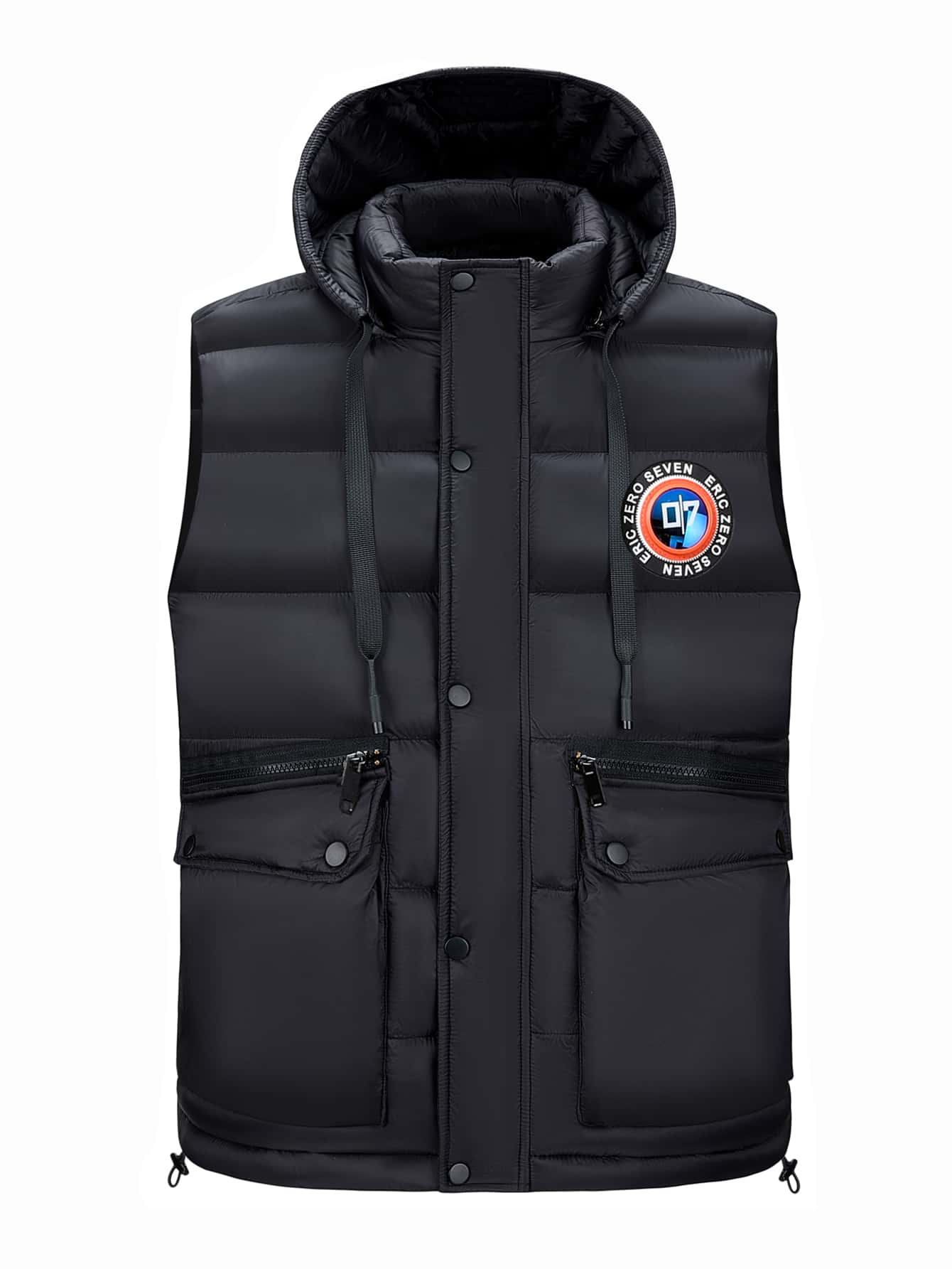 男士補丁細節翻蓋口袋抽繩連帽羽絨背心大衣 - 黑色 - 查看 1