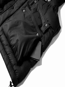 男士補丁細節翻蓋口袋抽繩連帽羽絨背心大衣 - 黑色 - 查看 3