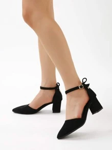 女士黑色後綁帶仿麂皮涼鞋,尖頭粗跟踝帶高跟單鞋 - 黑色 - 查看 5