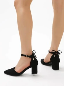 女士黑色後綁帶仿麂皮涼鞋,尖頭粗跟踝帶高跟單鞋 - 黑色 - 查看 6