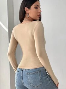 SHEIN PETITE V-neck Form Fitted Tee - Apricot - View 2