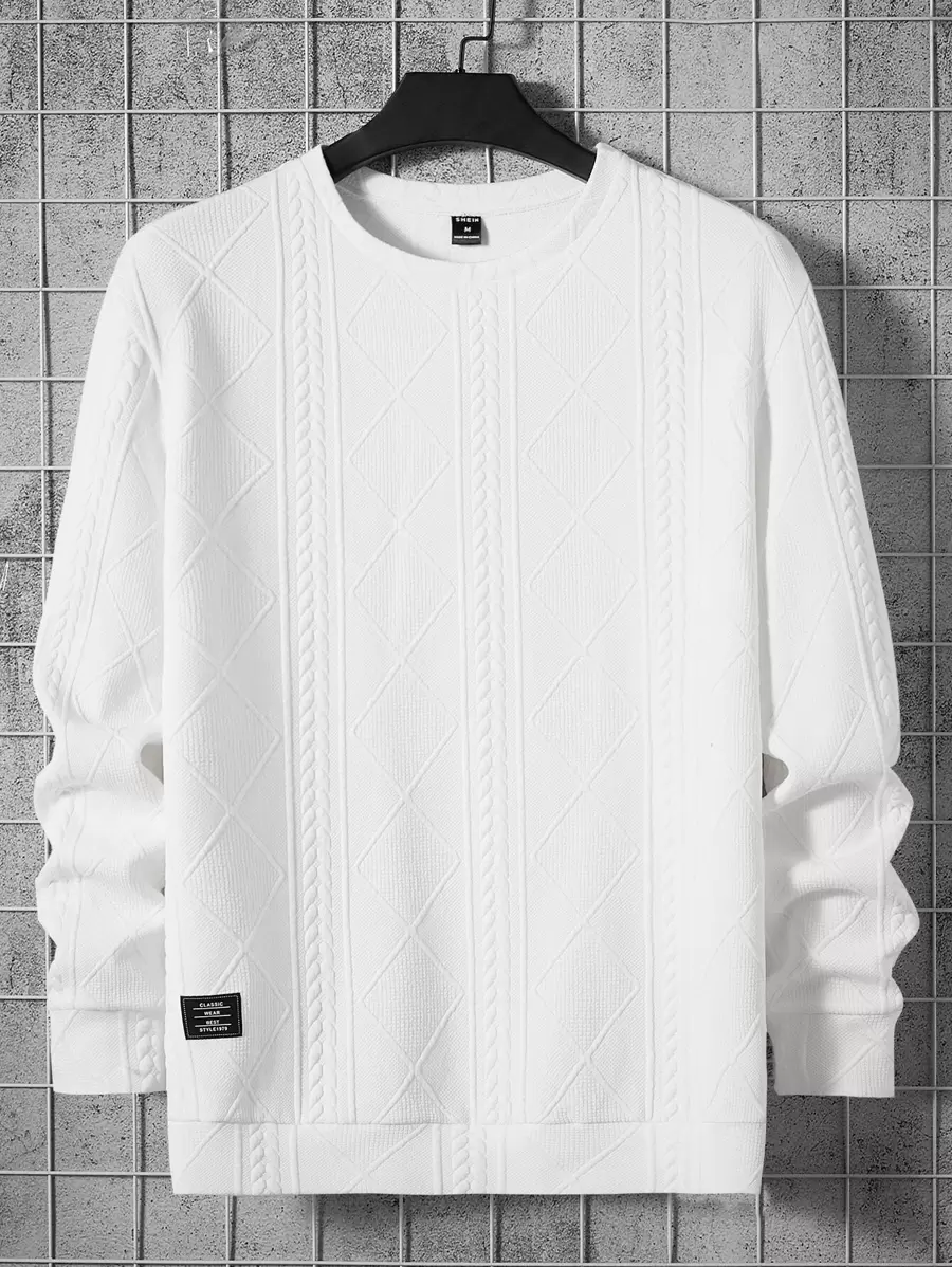 Manfinity VCAY Men Letter Patched Detail Cable Knit Sweatshirt, For Fall Winter - White - View 1