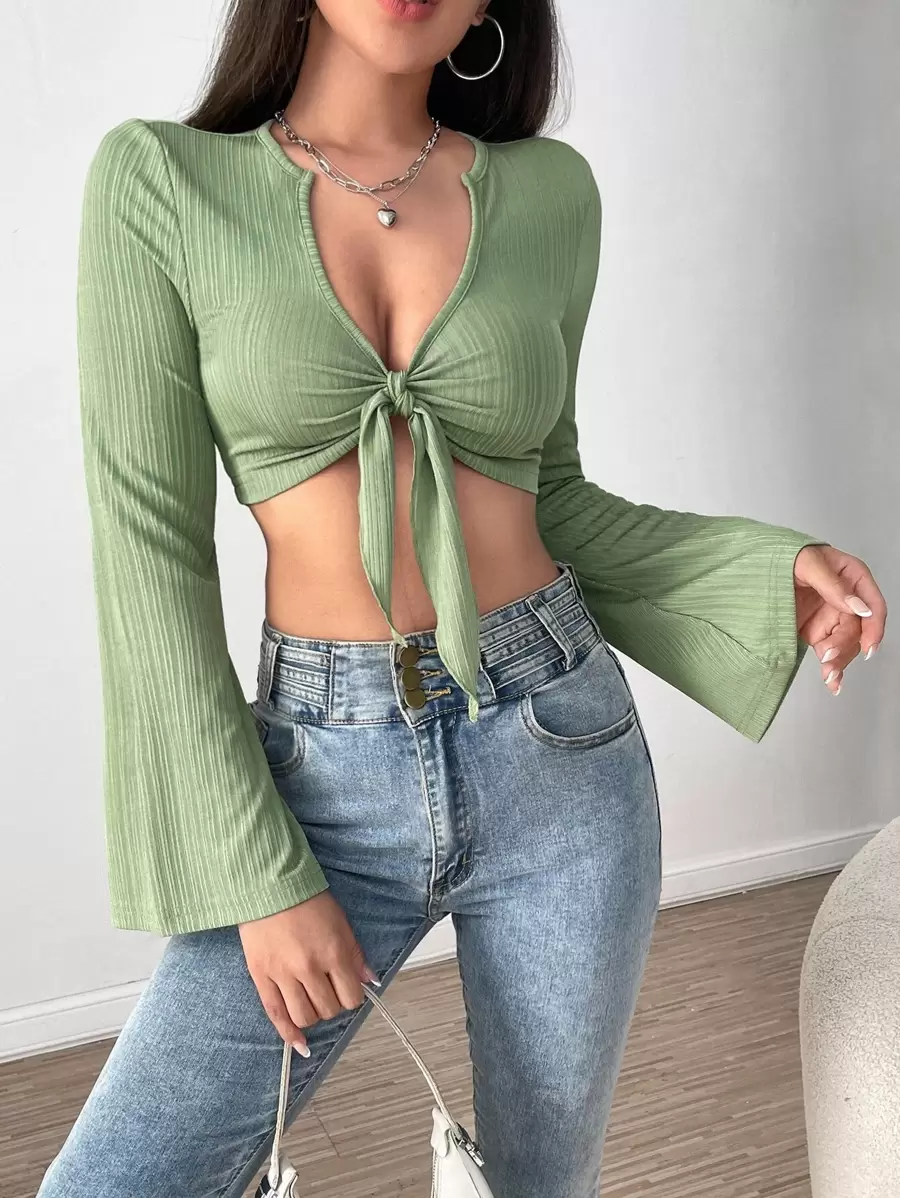 SHEIN BAE Tie Front Flounce Sleeve Crop Top - Green - View 1