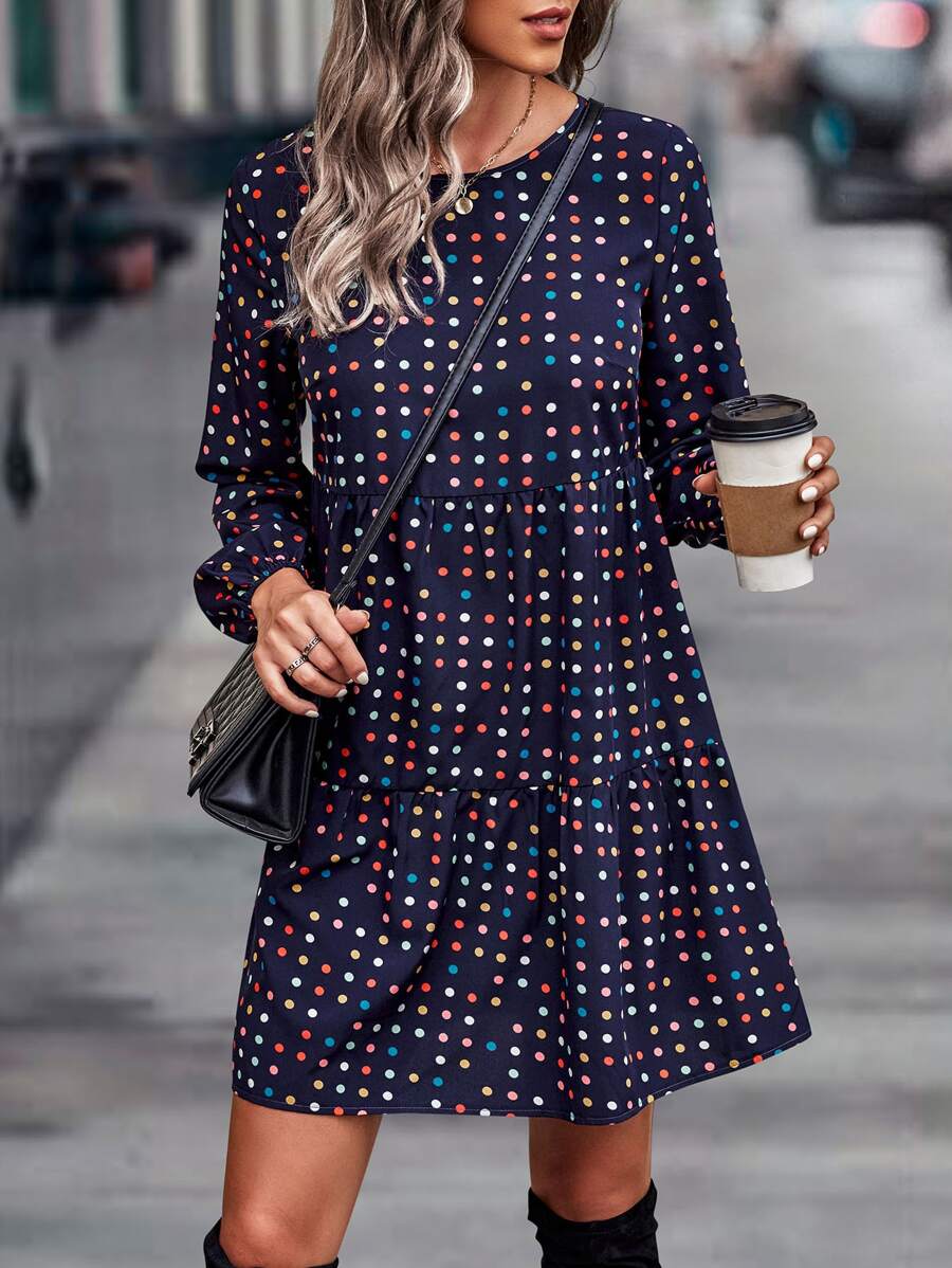 SHEIN Clasi 波點圖案後鎖孔荷葉邊娃娃裙 - 藏蓝色 - 查看 1