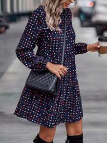 SHEIN Clasi 波點圖案後鎖孔荷葉邊娃娃裙 - 藏蓝色 - 查看 4