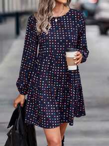 SHEIN Clasi 波點圖案後鎖孔荷葉邊娃娃裙 - 藏蓝色 - 查看 6