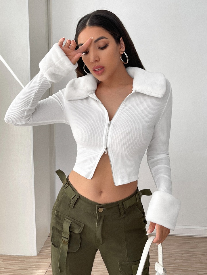 専用　BRIEFING ジップアップジャケット XL クリーム SHEIN EZwear ボアカラー ジップアップジャケット - ホワイト