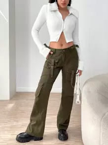 SHEIN EZwear 针织罗纹博格领拉链前开襟夹克-白色秋冬款 - 白色 - 查看 4