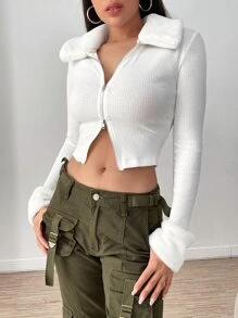 SHEIN EZwear 针织罗纹博格领拉链前开襟夹克-白色秋冬款 - 白色 - 查看 5