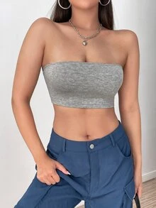 SHEIN PETITE Áo nữ Lộ Lưng màu trơn Giải trí - Màu Xám nhạt - Xem 5