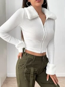 SHEIN EZwear 针织罗纹博格领拉链前开襟夹克-白色秋冬款 - 白色 - 查看 6