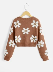SHEIN Girls Floral Pattern Drop Shoulder Jumper - Coffee Brown - View 2