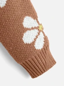 SHEIN Girls Floral Pattern Drop Shoulder Jumper - Coffee Brown - View 3