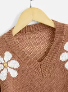 SHEIN Girls Floral Pattern Drop Shoulder Jumper - Coffee Brown - View 4